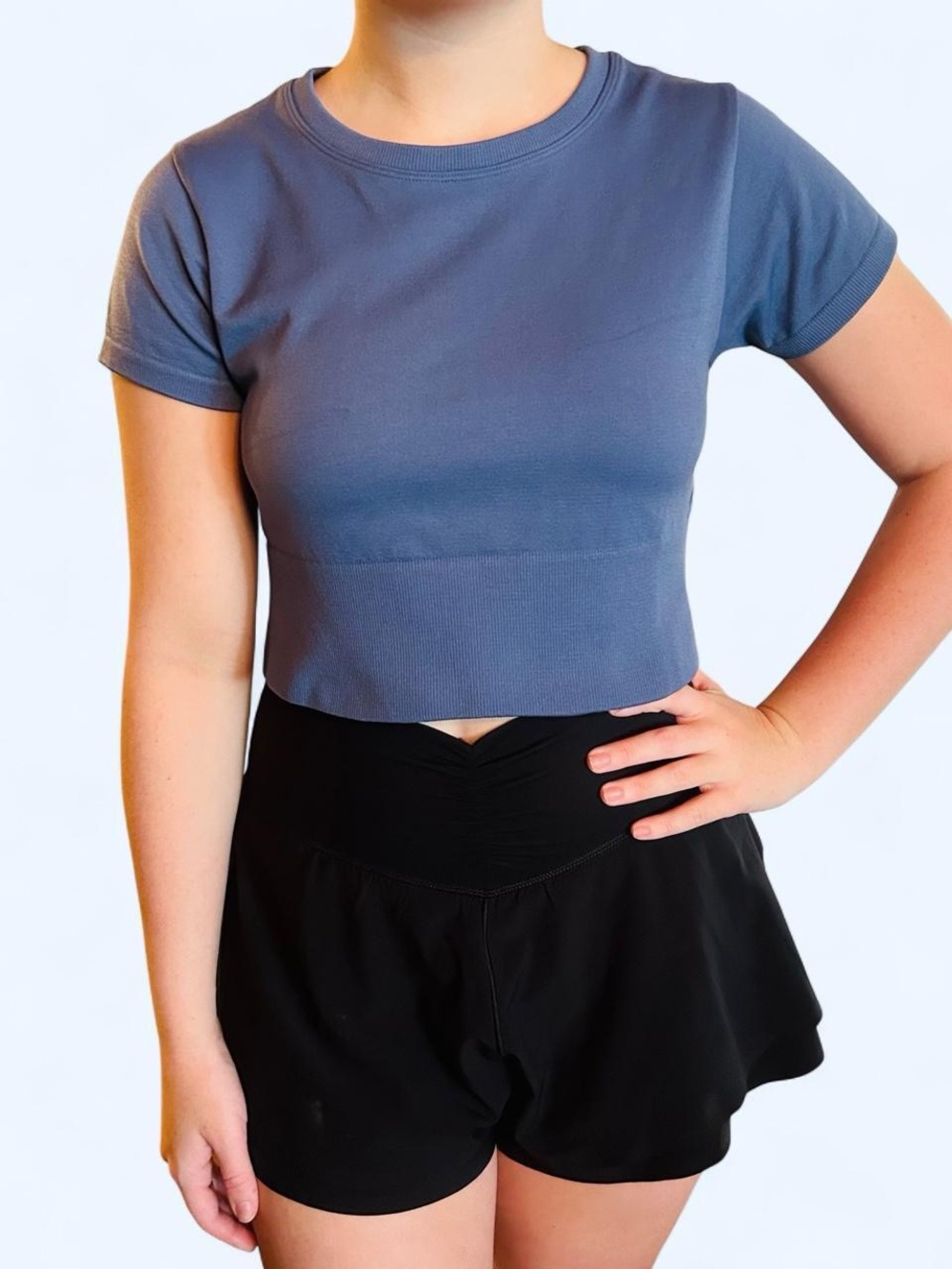 Offline by Aerie seamless cropped t-shirt in a muted blue-gray shade